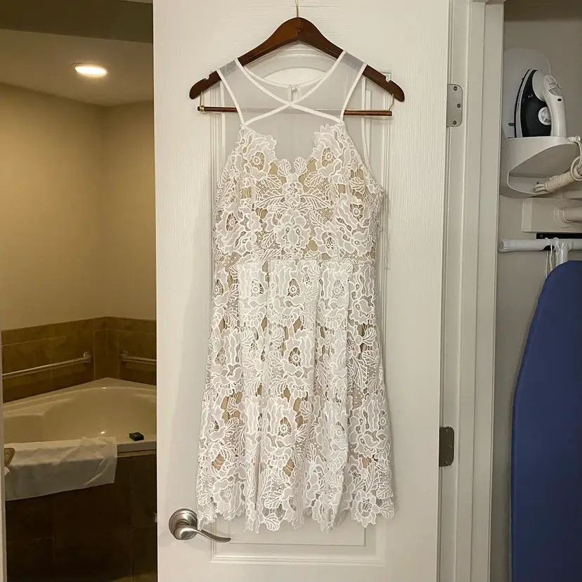 Francesca’s Womens Crocheted White Knit Midi Tank Dress M Medium Beige Lining