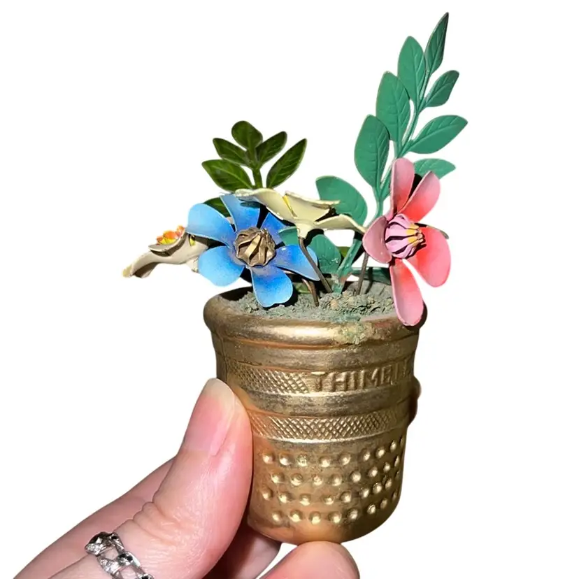 Vintage Metal Flowers In A Brass Thimble