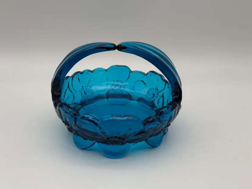 Vintage Westmoreland Dogwood Split Handle Cobalt Blue Glass Candy Dish Floral