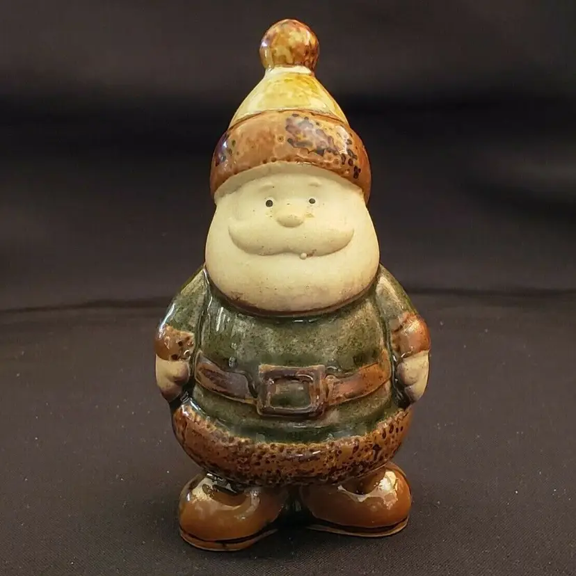 Santa Claus Figurine - Green & Brown glazed pottery ceramic - 4 1/2" tall approximately