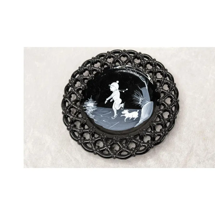 Westmoreland Black Glass Plate Winter Ice Skating Mary Gregory  Boy Dog Vintage Hand Painted Enamel Wall Hanging Lace Edge Side Eye