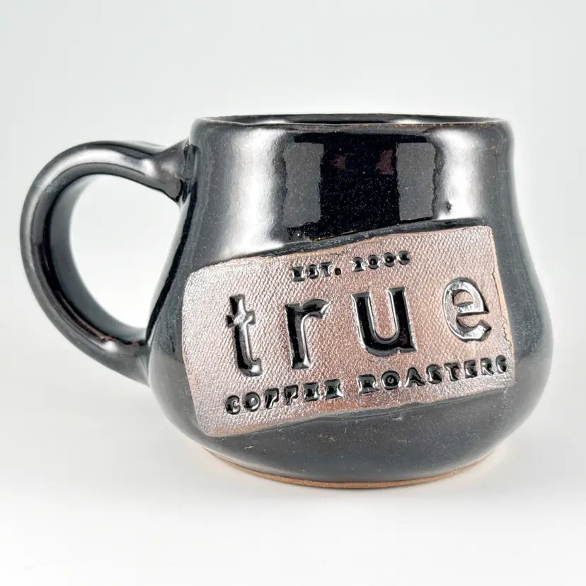 True Coffee Roasters Art Pottery Oversized Mug, Black & Speckled Blue, Advertising Logo Cup, Handmade MCP
