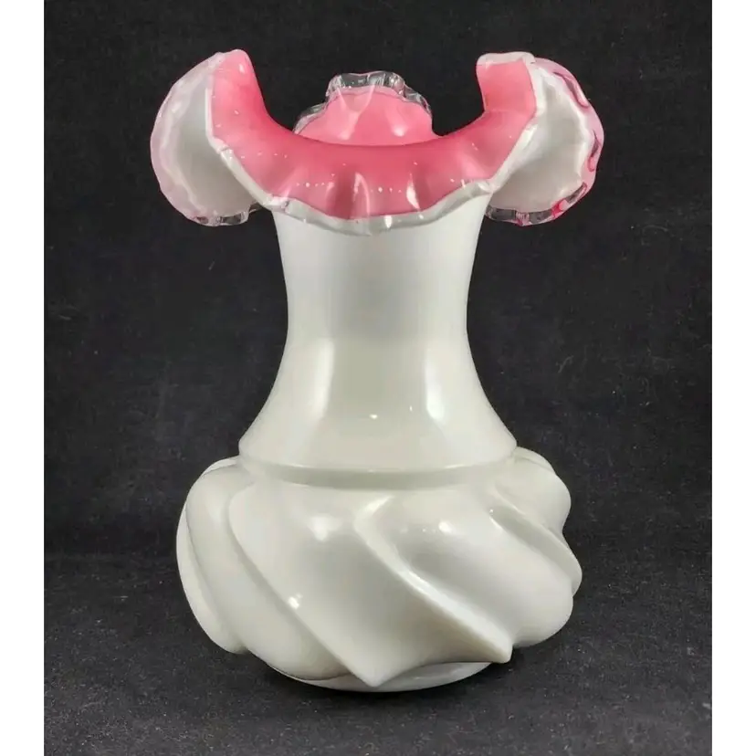 Fenton Peach Crest Milk Glass Swirl Melon Vase with Ruffle Rim Pink White
