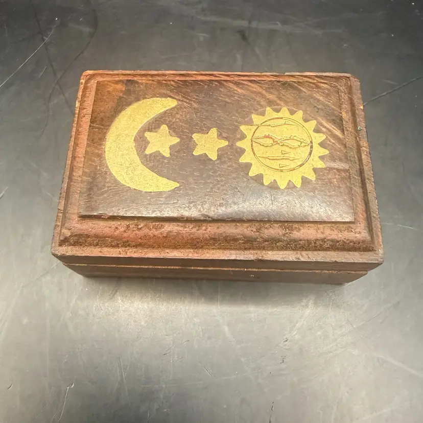 Brass Inlay Celestial Crescent Moon & Sun Mini Wooden Box Made In India 2.5x1”