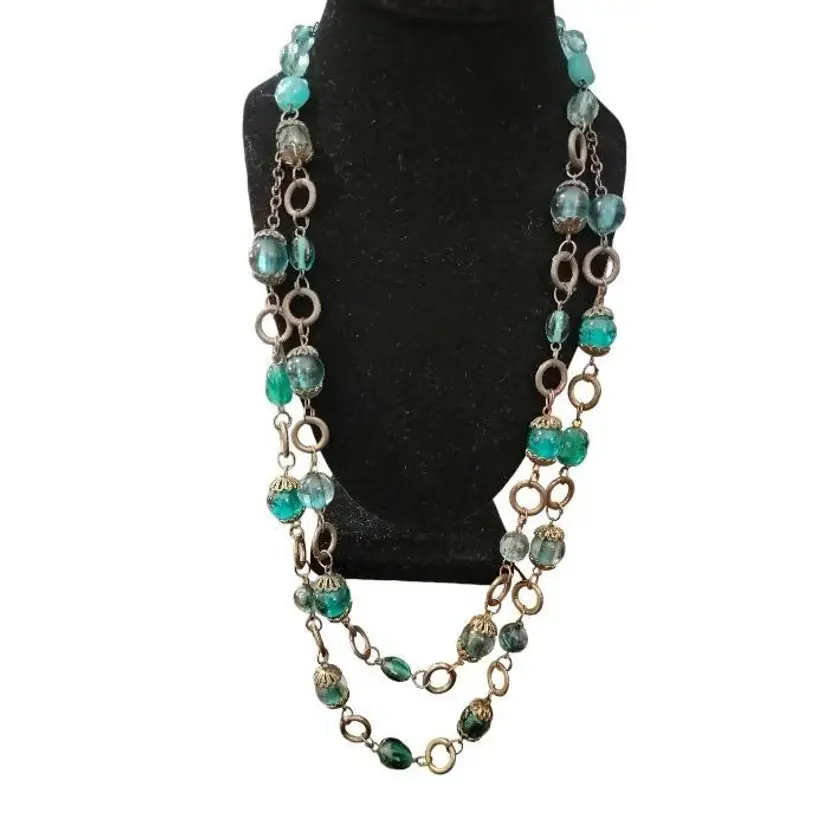 Stunning Green Glass Long Necklace Multi Shape Geometric Transluscent Capped 2 Layers