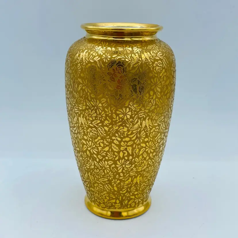 Vintage Wheeling Decorating Glass China Co. Bright Gold Decorative Vase Japan