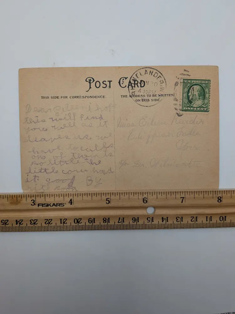 E78. ANTIQUE POSTCARD POSTMARKED 1912 Valentine's Day Postcard Young Boy Playing Heart-Shaped Guitar Valentine GREEN 1¢ STAMP