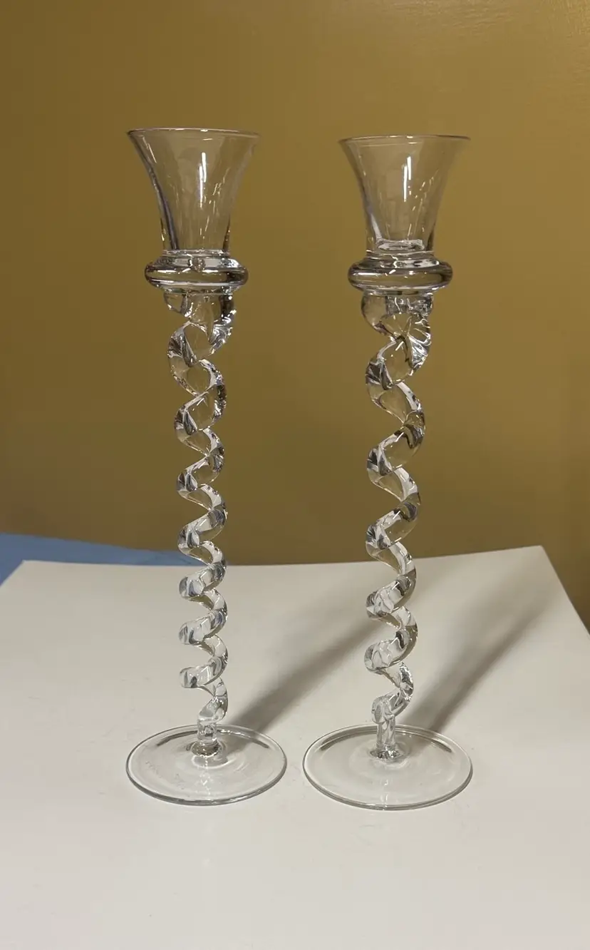 Pair of Twisted Crystal Glass Candle Holders - Clear 11.5” tall