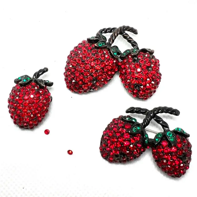 Bundle Of 3 Crystal Strawberry 🍓 Brooches! Red Strawberries With Green Crystal Leaves. All Signed “Weiss”.  Please See Condition For Missing Stones!!!