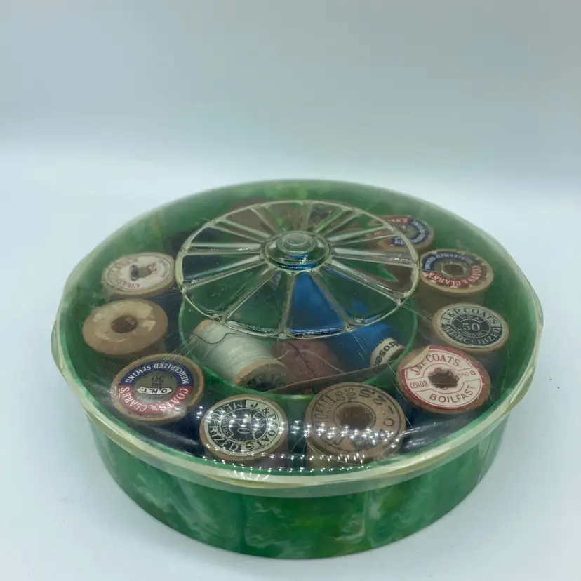 Vintage Sewing Box Plastic Marbled Green Sew Button, Original Hommer Mfg USA Full Thread