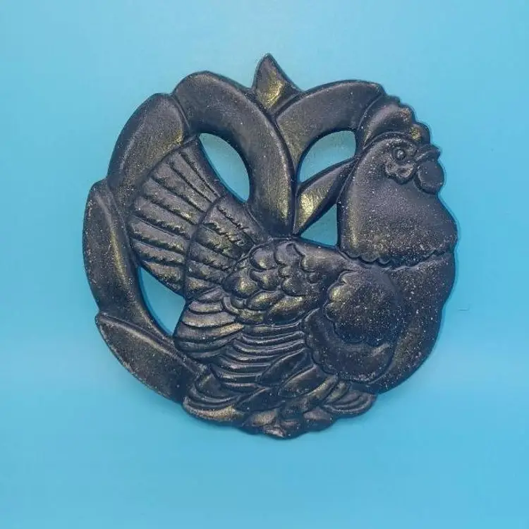 Vintage Black Pottery rooster trivet wall hanging Chicken