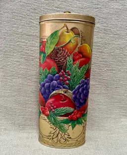 11” Tall Oval Tin Dimensional Gold W/ Fruit Spaghetti Pasta Storage Apple Pear +