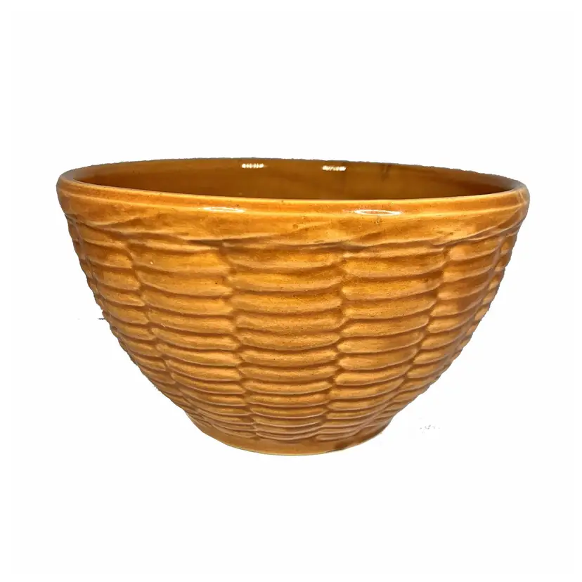 Heirloom Stoneware Ceramic Mixing Bowl Basket Weave Made USA Farmhouse Vintage