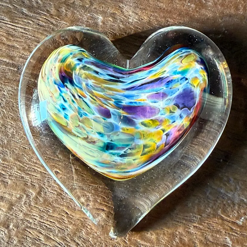 Signed Spatter Glass Center Heart Paperweight 2008 3.75”