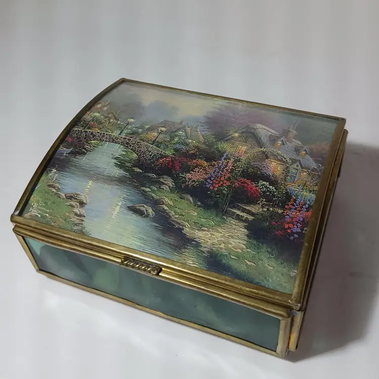 ENESCO Green Glass JEWELRY KEEPSAKE TRINKET BOX THOMAS KINKADE Mirrored