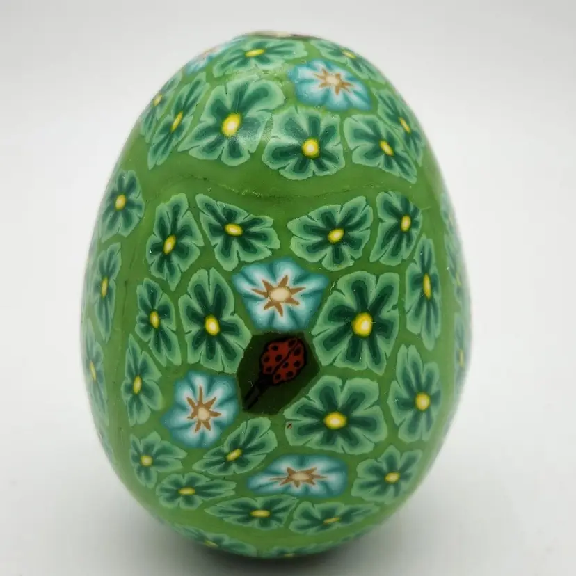 Colorful Egg Glowing Candle Millefiore Design in Greens with LADYBUG New In (slightly damaged) Box