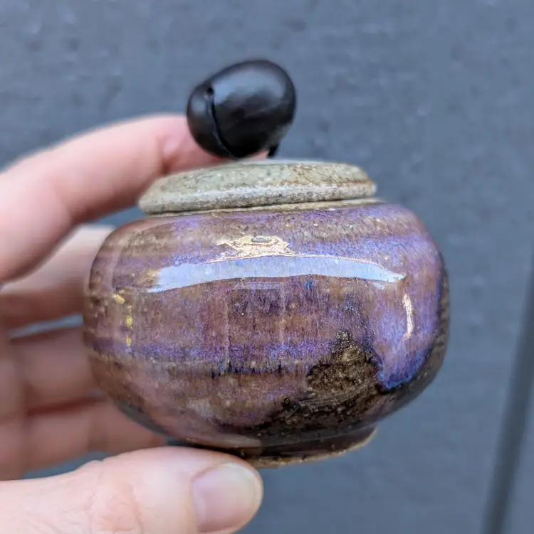 Vintage Studio Pottery Purple Drip Glaze Mini Jar w/ Buckeye Knob Lid SAM '98