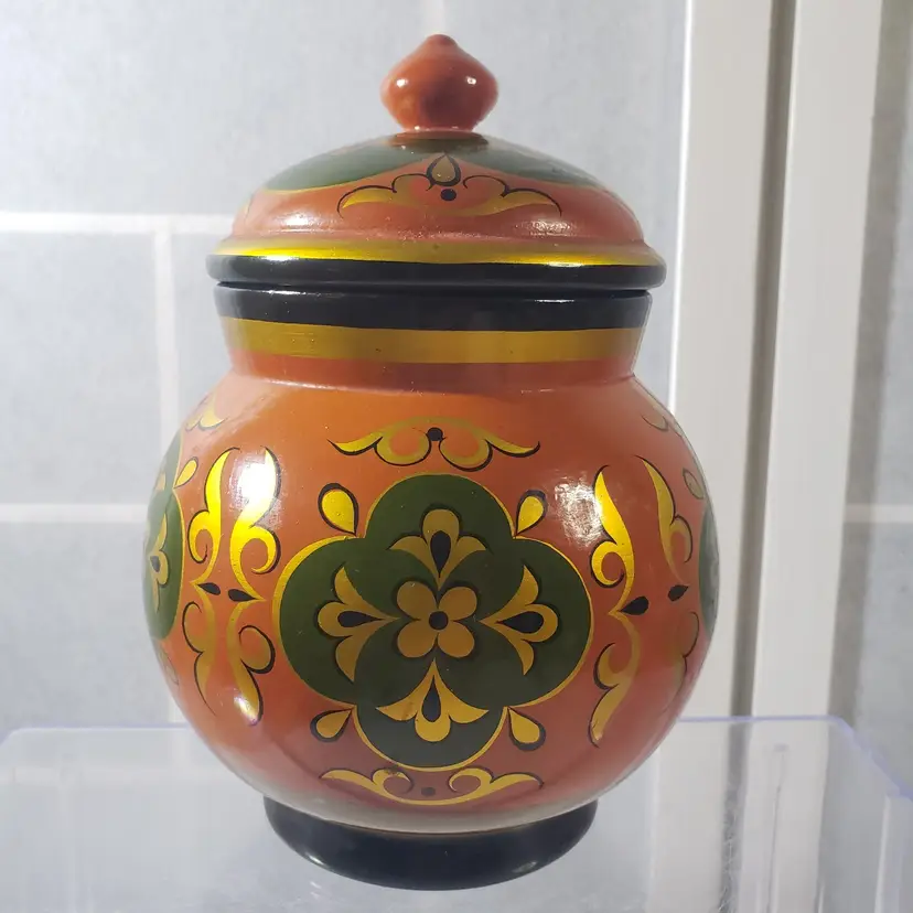 acquered Russian Kokhloma Lidded Wooden Canister.