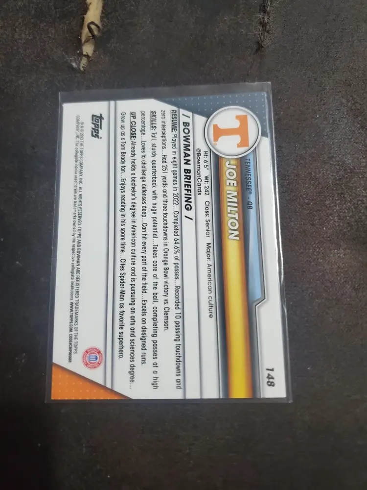 2023 Bowman Chrome University Joe Milton Tennessee 1st Bowman Card