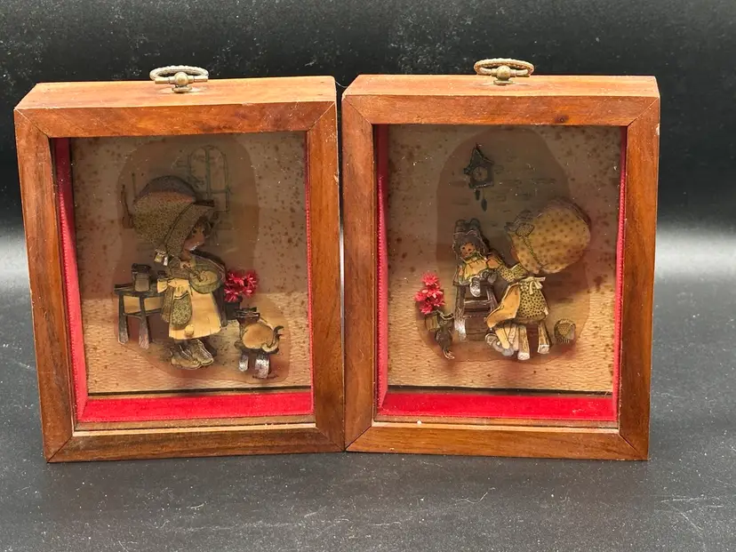 2 Vintage Holly Hobbie 3D Shadow Box Wood Framed Picture Art Layered Paper Cat