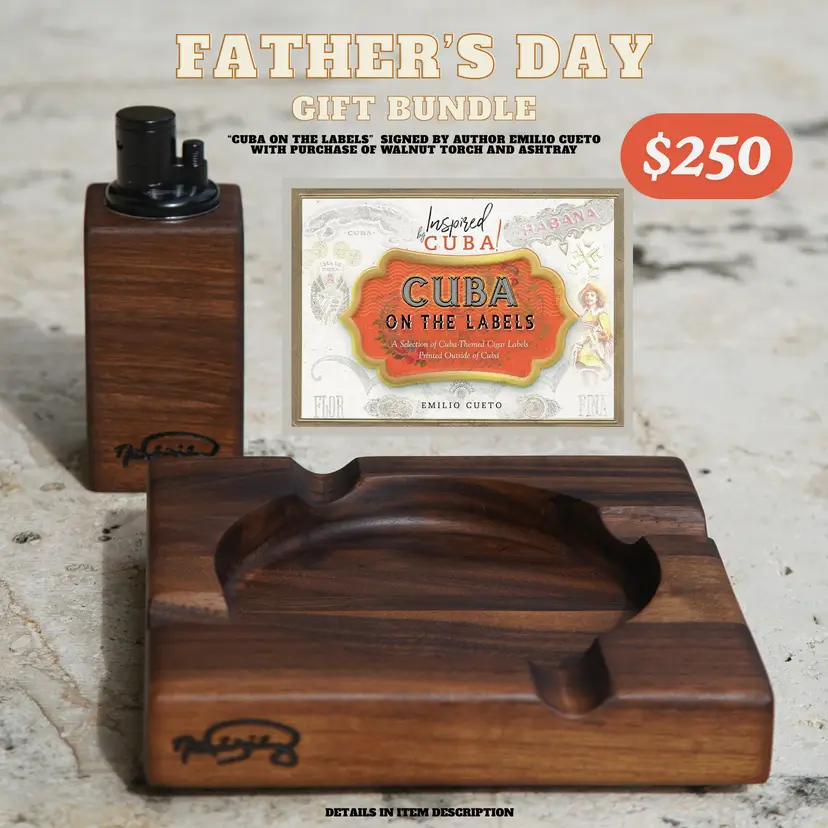 Cigar lover's gift set: walnut cigar ashtray, walnut torch lighter, signed cigar art book