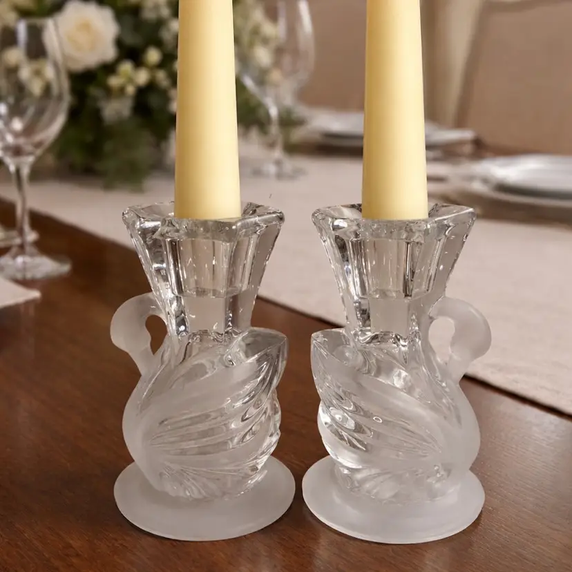 Vtg PartyLite Lead Crystal Frosted Swan Tapered Candle Holder Set Elegant Home