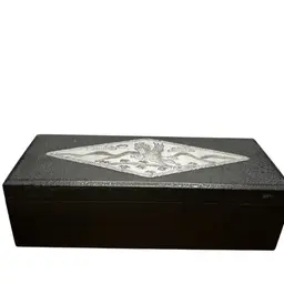 Black Textures Box With Silver Toned Embossed Eagle Picture On Top
11 1/2x 3 1/2x 4 1/2