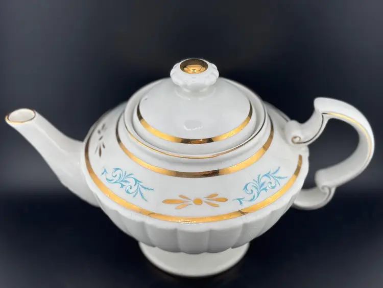 MCM ELLGREAVE Ironstone Teapot Gold & Turquoise Blue Details Made in ENGLAND