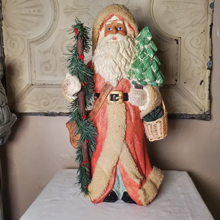 Large Plaster Santa Figure with Satchel and Baskets