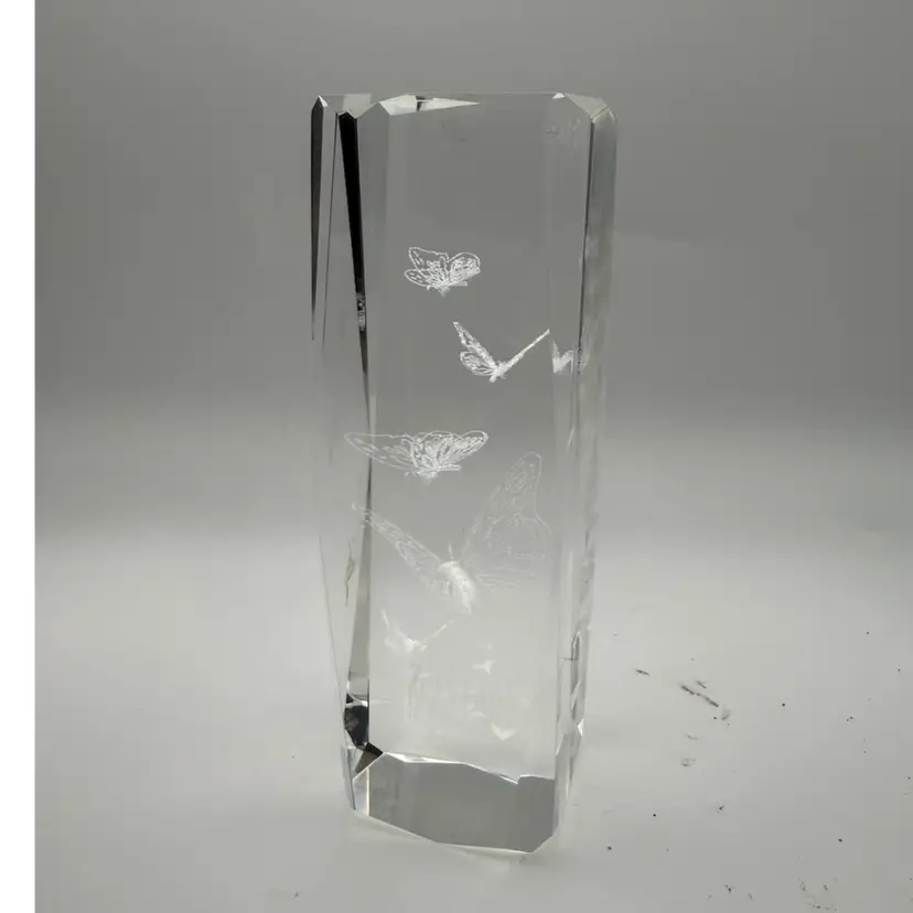 Modern Crystal Paperweight With Laser-Etched 3D Butterflies