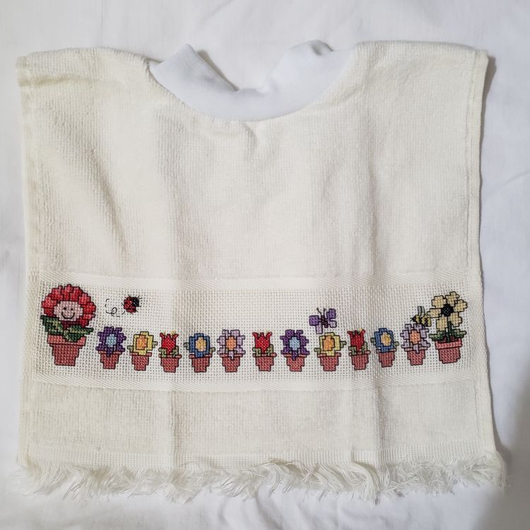 New Cross-stitched Flowers and Insects on Ivory Velour Toddler Bib