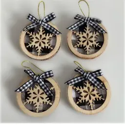 Set Of 4 Vintage Mini Rustic Snowflake Wood Slice Christmas Ornaments 2”