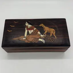 Handmade Inlaid Wood Box Sudarsan India Lady Girl Basket Sheep Trinket Jewelry