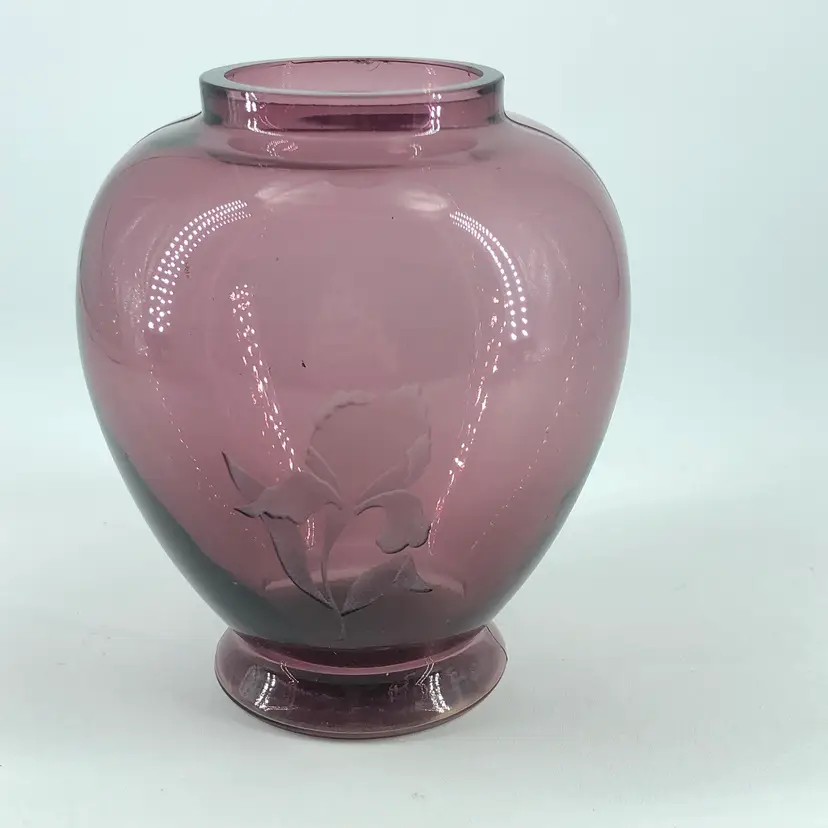 Fenton Glass Amethyst Purple Etched Iris Ginger Jar Urn NO LID