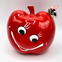 Vintage Inarco Red Apple Planter Kitsch Smiling w/ Bumble Bee Anthropomorphic Fruit Face