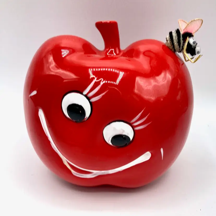 Vintage Inarco Red Apple Planter Kitsch Smiling w/ Bumble Bee Anthropomorphic Fruit Face