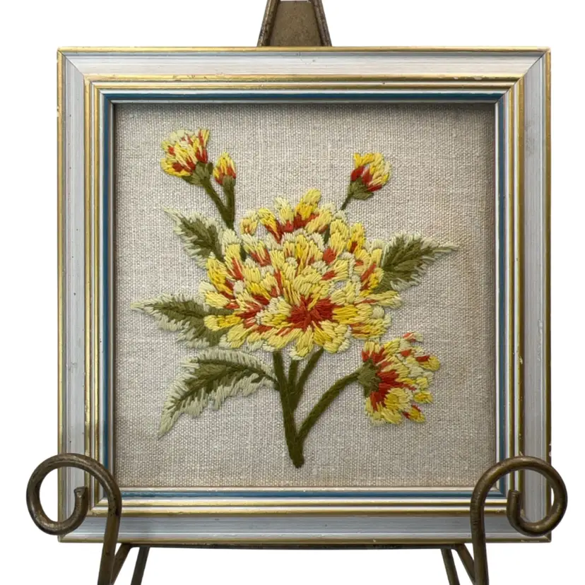 Vintage Crewel Embroidery Flowers! 8.5” Framed