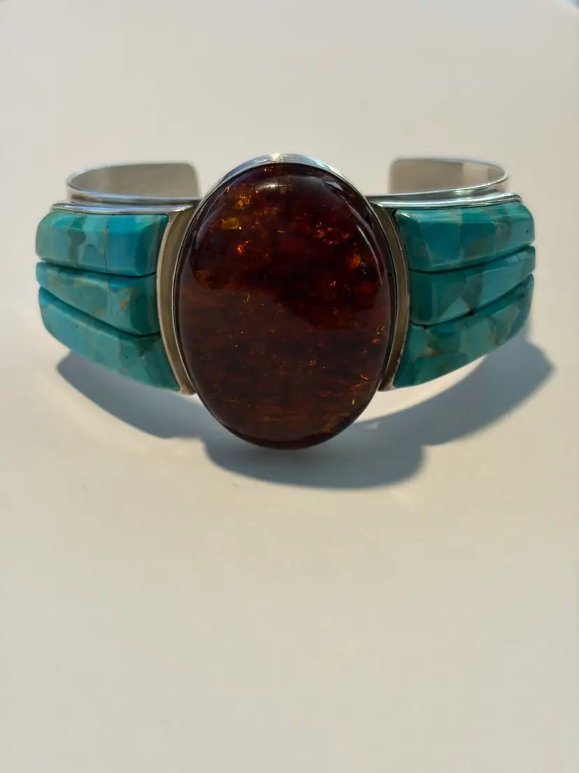 Gorgeous Jay King Turquoise And Amber Sterling Silver Cuff Bracelet. Fits 7 To 7 1/2” Wrist