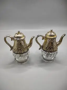 Vintage Silver Plated Teapot And Glass Salt And Pepper Shakers