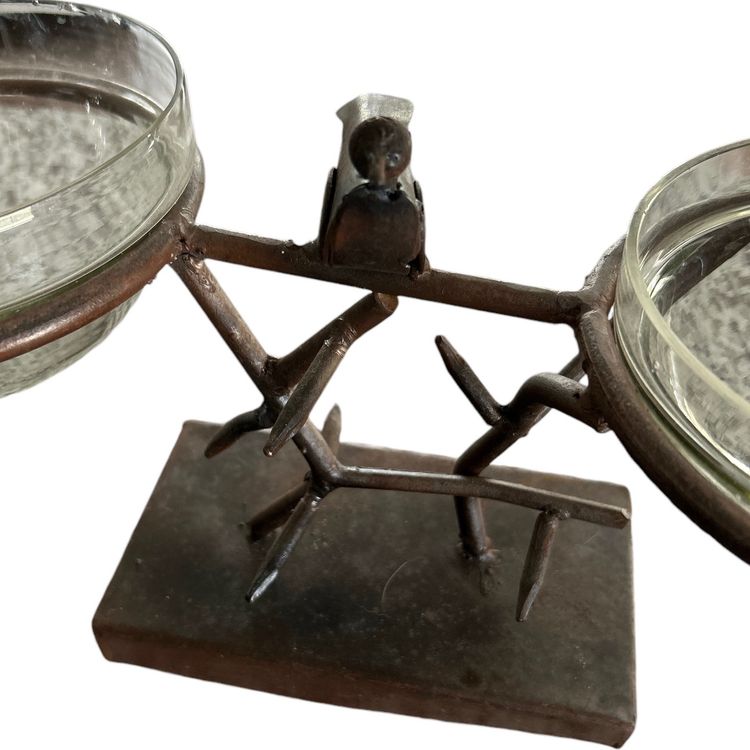 Metal Bronze Colored Bird Figurine with Dual Clear Glass Planter or Candy / Nut Bowls