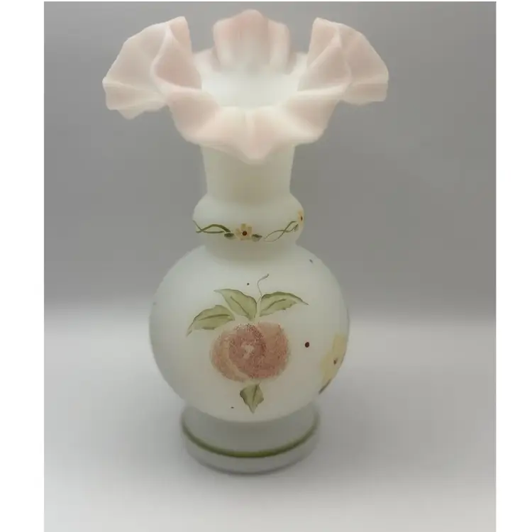 Fenton Ruffle Top Hand Painted Satin Glass Vase ~ Signed