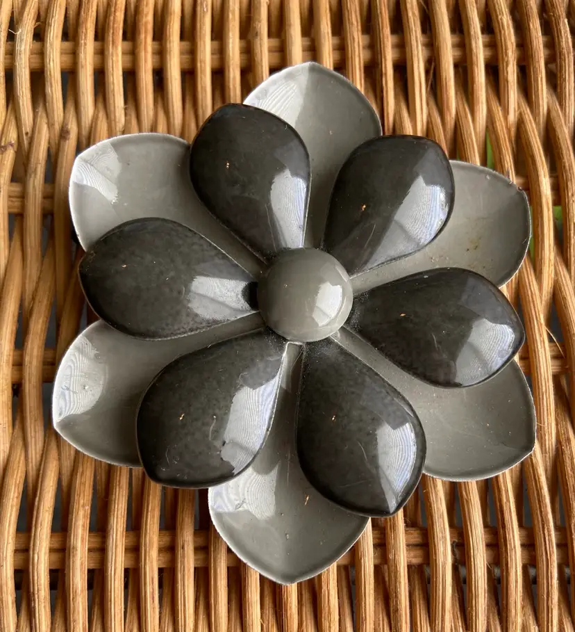 Enameled Flower Pin/Brooch In Two Shades Of Gray. 3”