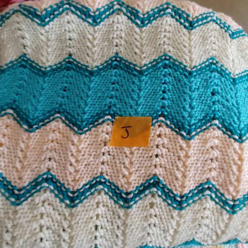 Afghan J- approx size 66 x 77. Teal, peach & cream stripes. As shown.