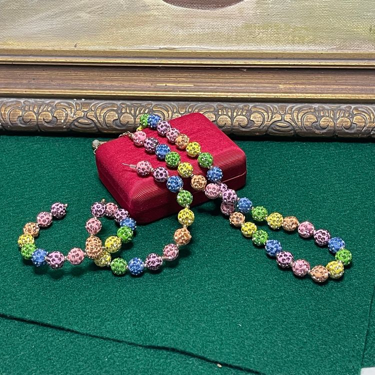 Matching Set Betsy Johnson Pastel Rainbow Fireball Pave Rhinestone Bead Necklace & Hoop Earrings
