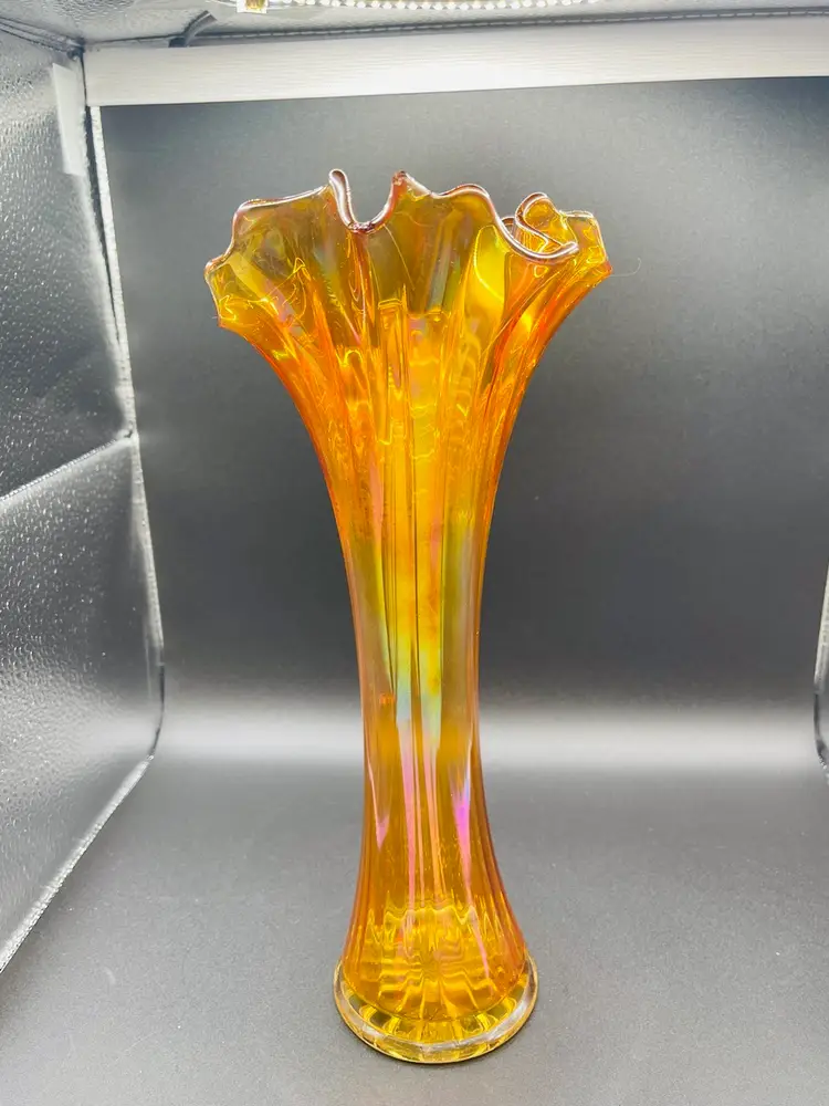 Marigold Carnival Glass Ruffled Swung Vase