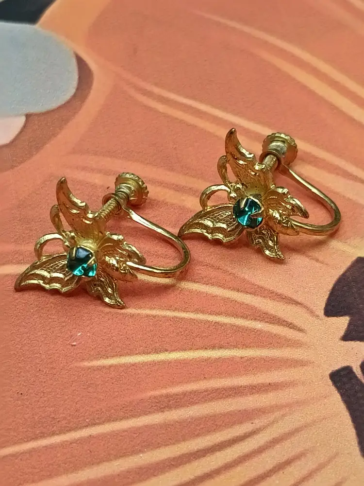 Vintage Screw Back Brass and Rhinestone Butterfly Earrings