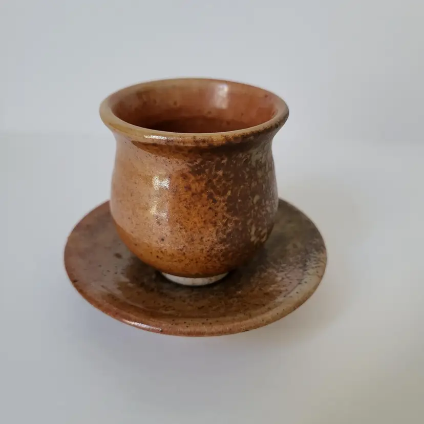 Whitefish Pottery Mini Cup and Saucer Brown Tones Espresso Shot Glass 2012 VTG