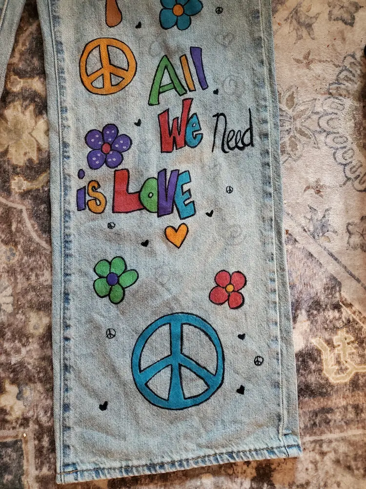 Groovy Peace & Love Hand-Painted Jeans