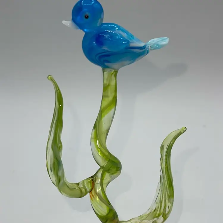 Blown Glass Dark Blue Bird In Tree 7.5”