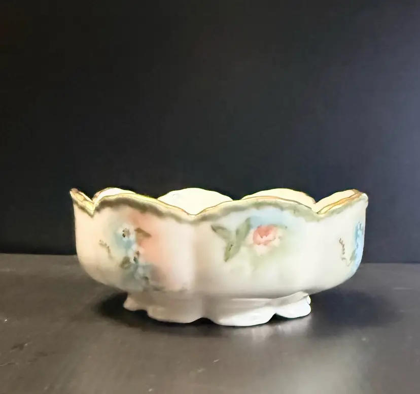 Vintage Porcelain Condiment Bowl Pink/Blue/Green Wild Roses Handpainted